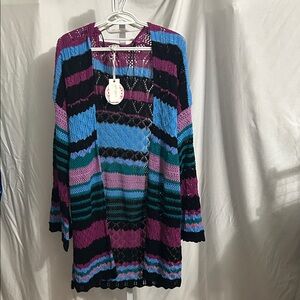 Umgee Open Knit Striped Cardigan in Black, Purple, Teal, Blue
